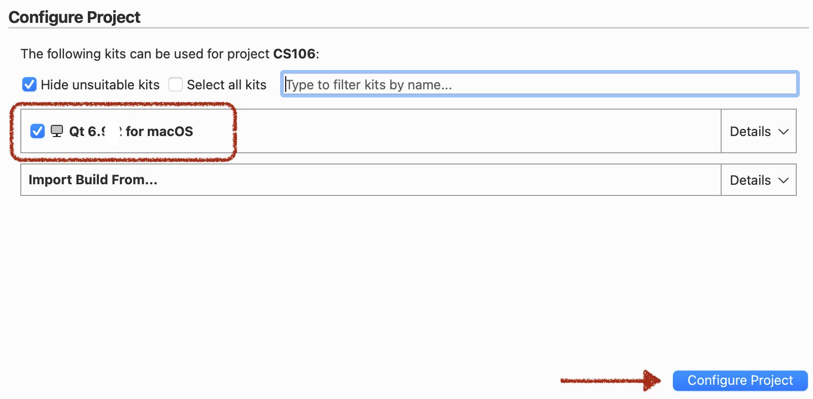 Qt configure project dialog