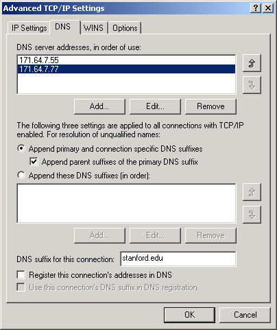 Advanced TCP/IP Settings - DNS tab