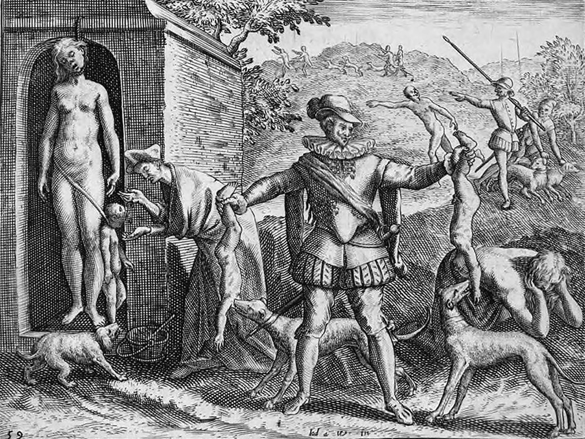 An engraving depicting violent scenes of Spanish colonizersâ€™ brutality against Indigenous people in the Americas. In the foreground, a man in European dress holds a child by the leg, about to throw them to dogs, while another colonizer prepares to kill a baby beside a hanged Indigenous woman. In the background, more colonizers with dogs pursue fleeing figures.