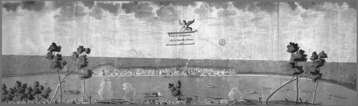 An early eighteenth-century painting by Jean-Pierre Lassus titled Veue et Perspective de la Nouvelle Orleans (View and perspective of New Orleans), depicting a panoramic view of New Orleans. The scene is viewed from across the Mississippi River, with the settlement situated along the opposite bank. Small buildings and a church are visible in the center of the town, surrounded by a grid of streets. The foreground shows cannons firing smoke, soldiers, and trees framing the scene. Above the town, a cherub holds a title banner in the cloudy sky. The river is labeled â€œFleuve de Mississipi ou Missoury.â€