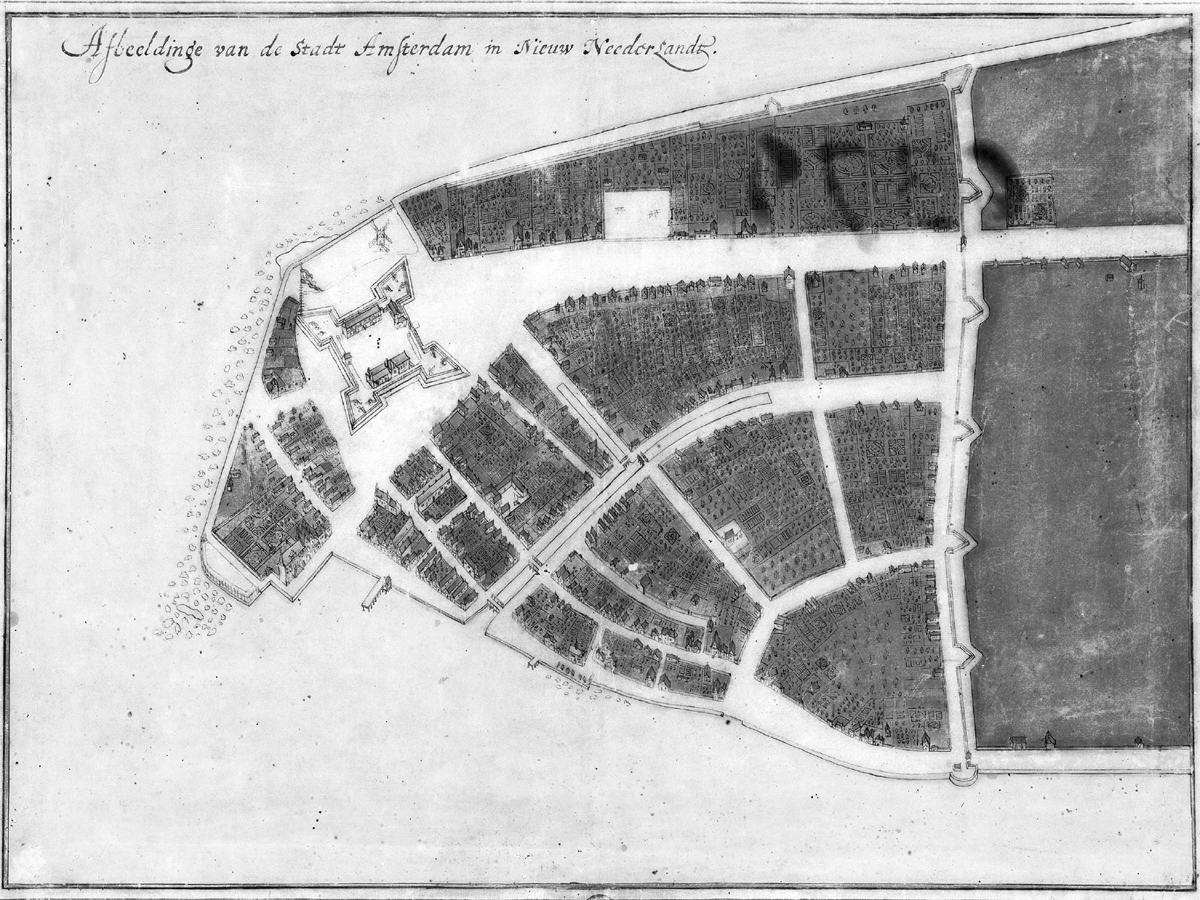 A seventeenth-century map showing a detailed layout of New Amsterdam, the Dutch colonial settlement on the southern tip of Manhattan Island. The map features a fortified area on the west side, a grid of narrow streets with small buildings and gardens, and the surrounding waterways with docked ships. The drawing is hand-colored with red and brown tones, and includes walls and bastions indicating fortifications. The map is oriented with north to the right.