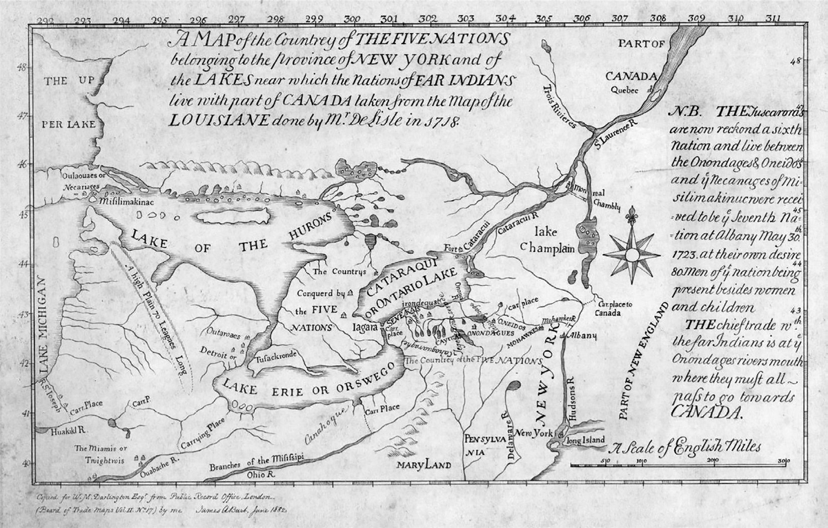 An early eighteenth-century map of the northeastern region of North America, including parts of present-day New York, Pennsylvania, Maryland, Canada, and the Great Lakes region (Lake Ontario, Lake Erie, Lake Huron, and Lake Michigan). Indigenous nations such as the Five Nations (Haudenosaunee Confederacy), Outaouases, and Miamis are marked, along with colonial settlements like Albany and New York. The map includes rivers, lakes, and trade routes, with annotations about tribal alliances and colonial interactions, including a note on the addition of the Tuscaroras to the Haudenosaunee Confederacy in 1723.