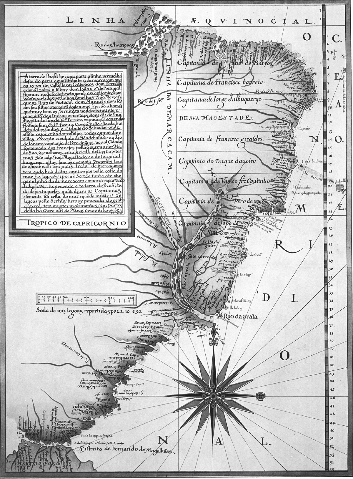A sixteenth-century map of South America, primarily focusing on the eastern coast of present-day Brazil. The map is ornately illustrated with a compass rose in the South Atlantic Ocean, latitude and longitude lines, and various geographic and political features. Notable elements include the â€œLinha da DemarcaÃ§amâ€ (Line of Demarcation) separating Spanish and Portuguese territories, the â€œRio das Amazonas,â€ and the â€œRio da Prata.â€ Several captaincies (territorial divisions) are labeled along the coastline, such as those of Vasco Fernandes Coutinho and Duarte Coelho.
