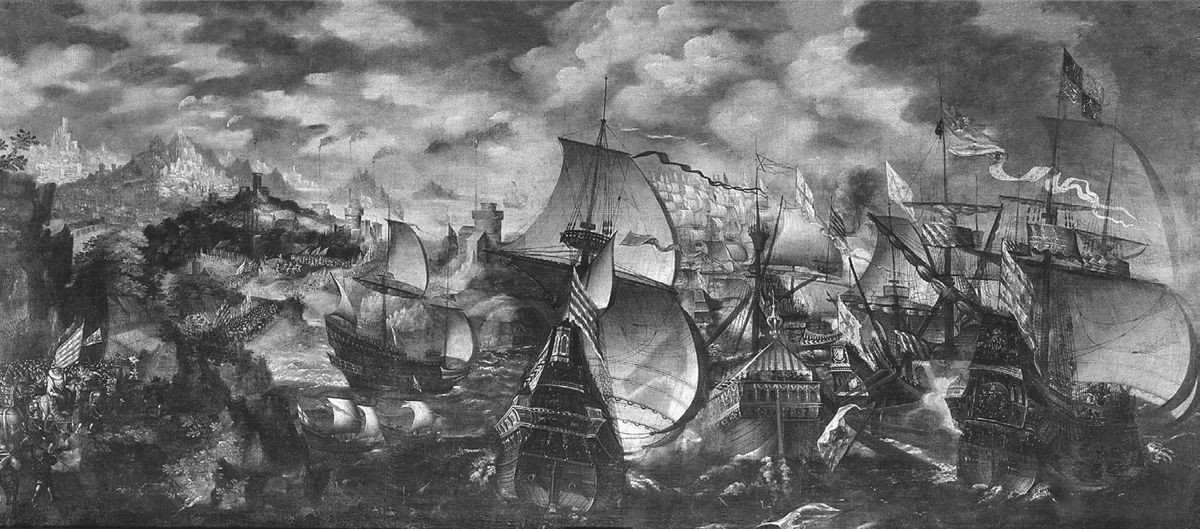 This oil painting by an unknown artist depicts the Battle of Gravelines in 1588 between the Spanish Armada and the English Fleet when King Philip II of Spain attempted to invade England. Numerous large sailing ships battle in the sea below a stormy sky.