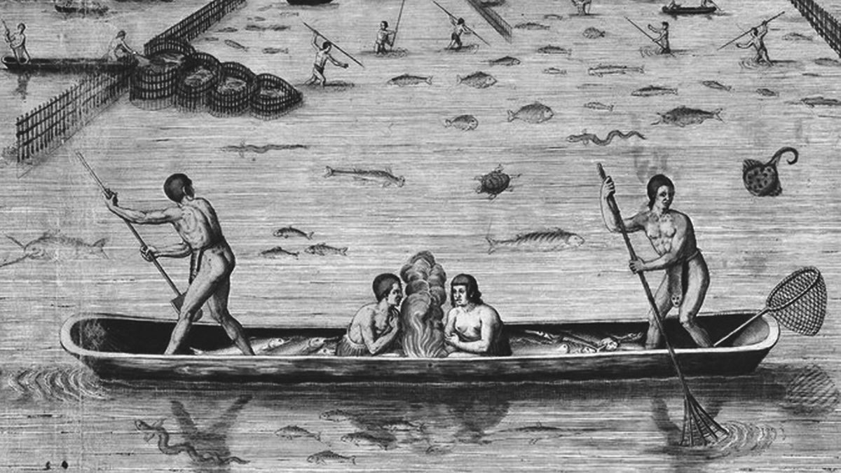A detailed, colorful illustration from the late sixteenth century by Theodor de Bry of Native Americans fishing in a river or bay. In the foreground, four Native men are in a wooden canoe: two are paddling while two sit around a small fire in the center. The water is teeming with fish, turtles, and crabs. In the background, more men are fishing with spears and nets, some standing in the water and others in canoes. The sky above is light blue with birds flying. On the lower shore, plants and flowers are shown in detail.