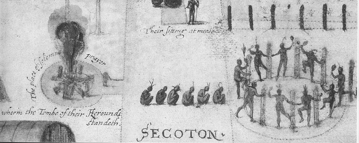 A sixteenth-century watercolor painting by John White depicting a Native American village named Secoton in present-day North Carolina. The village consists of several rounded, bark-covered longhouses arranged in a loose grid. People are shown engaging in daily activities such as walking, sitting at meals, tending to fires, and participating in a communal dance. Surrounding the village are cultivated fields labeled â€œTheir greene corneâ€ and â€œCorne newly sprong.â€ The scene also shows a ceremonial fire labeled â€œThe place of solemne prayerâ€ and an area marked as the burial place of their â€œHerounksâ€ (chiefs).