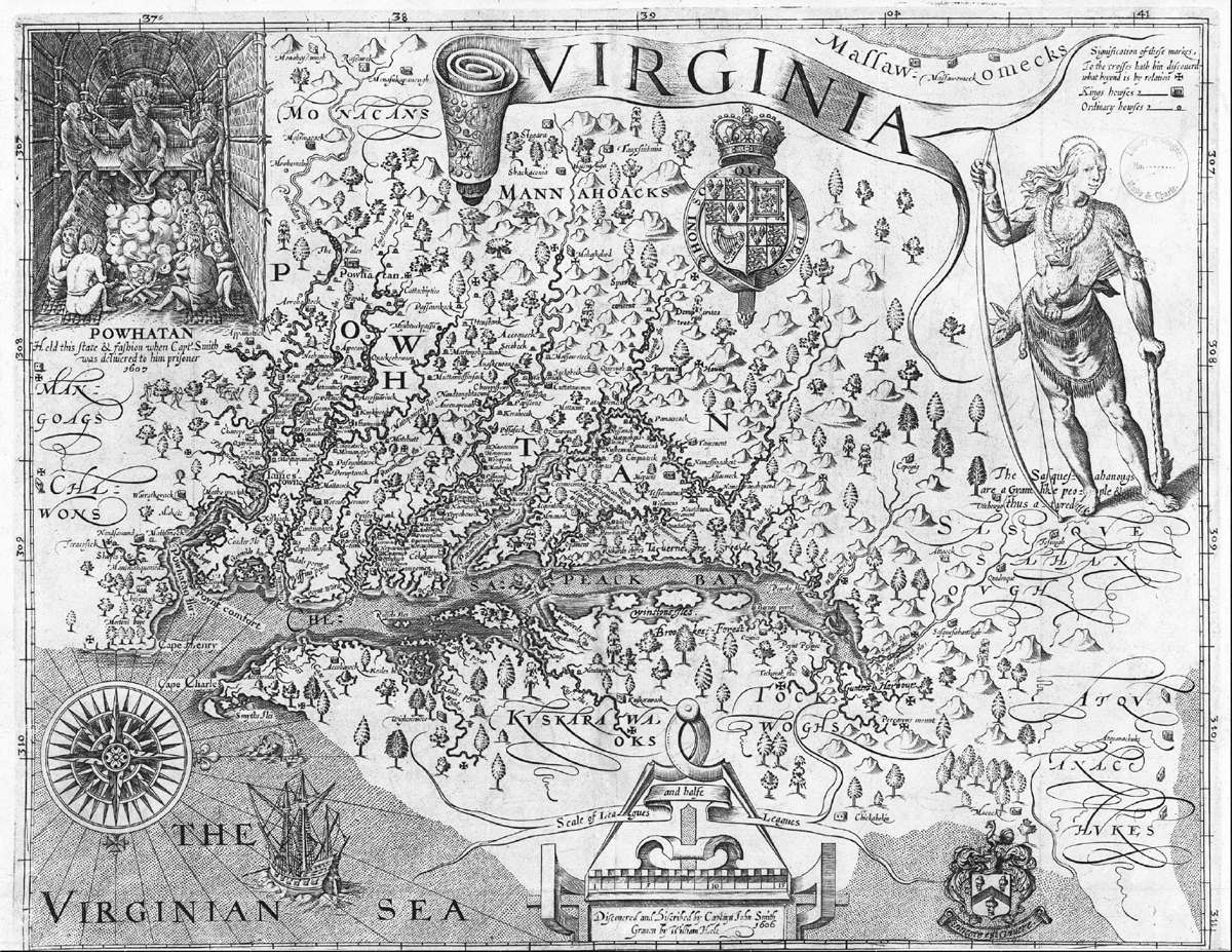 A map titled â€œVirginia,â€ created in 1606 by Captain John Smith. The map is densely illustrated with rivers, forests, settlements, and Native American villages labeled with indigenous names. The top right features a large figure of a Native American man holding a bow. In the top left corner, thereâ€™s an inset illustration labeled â€œPowhatanâ€ depicting Chief Powhatan seated on a throne inside a longhouse, with subjects kneeling before him. The coat of arms of King James I appears near the top center. The lower left includes a compass rose and a sailing ship in â€œThe Virginian Seaâ€ (Atlantic Ocean). Decorative elements and early cartographic details embellish the map.