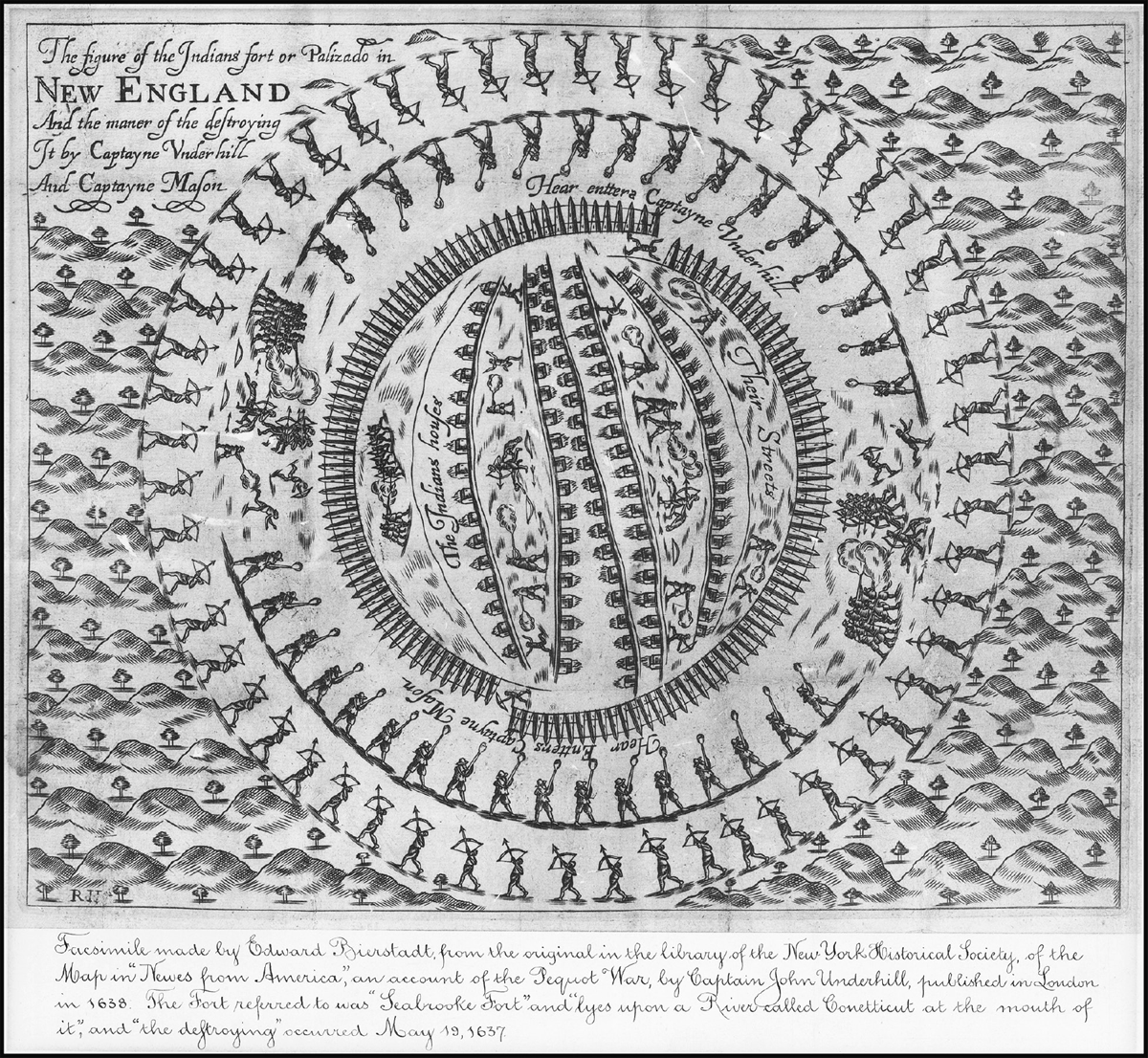 This illustration depicts a circular, fortified Native American village surrounded by a wooden fence. The fort contains multiple dwellings within the circular enclosure. Around the outside of the palisade, numerous small figures representing English colonists are shown attacking the fort.