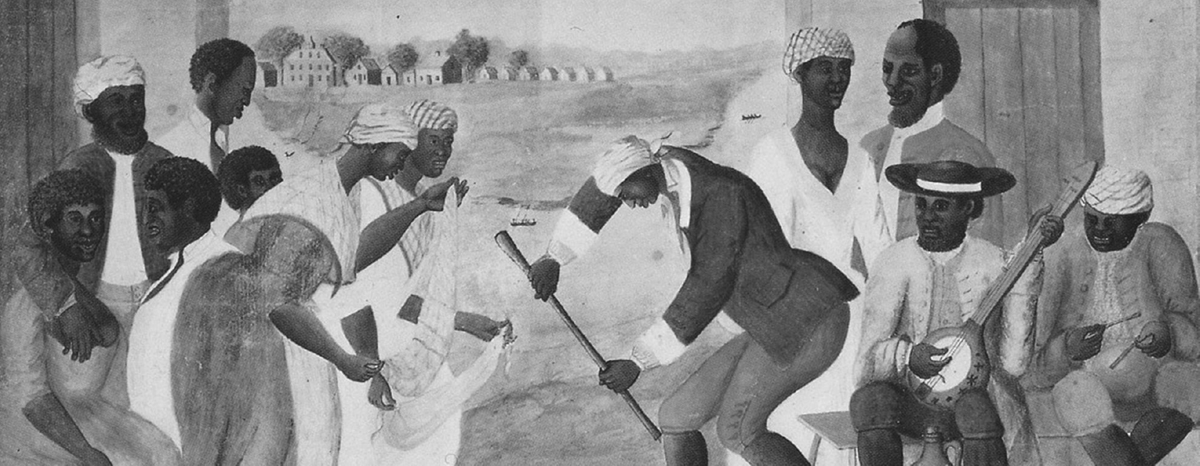 This late eighteenth-century watercolor painting by an unknown artist titled The Old Plantation depicts enslaved African Americans engaged in various activities on a plantation. The scene shows multiple figures in colorful clothingâ€”blues, greens, oranges, and whitesâ€”with some wearing head wraps and hats. In the center, figures appear to be dancing or celebrating, while musicians on the right play instruments including what appears to be a banjo. The background shows plantation buildings and fields.