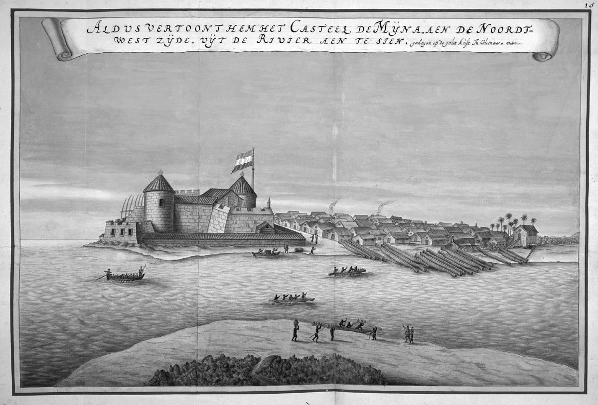A seventeenth-century engraving of Elmina Castle, which was established as a trade settlement on the coast of Guinea by the Portuguese in the fifteenth century and became one of the largest and most important markets for enslaved Africans. It is built of large blocks and topped with red roofing. To the right are a cluster of small homes with thatched roofs. A handful of small row boats appear in the foreground. On the beachfront, many long canoe-like boats await use.