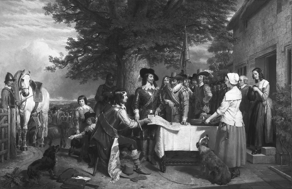 In a nineteenth-century oil painting by Charles Landseer, The Eve of the Battle of Edge Hill, 1642, King Charles I, pictured wearing the blue sash of the Order of the Garter, listens to his commanders discuss strategy for the first battle of the First English Civil War. The men along with women, children, and dogs are under a large tree next to a stone building at the right.