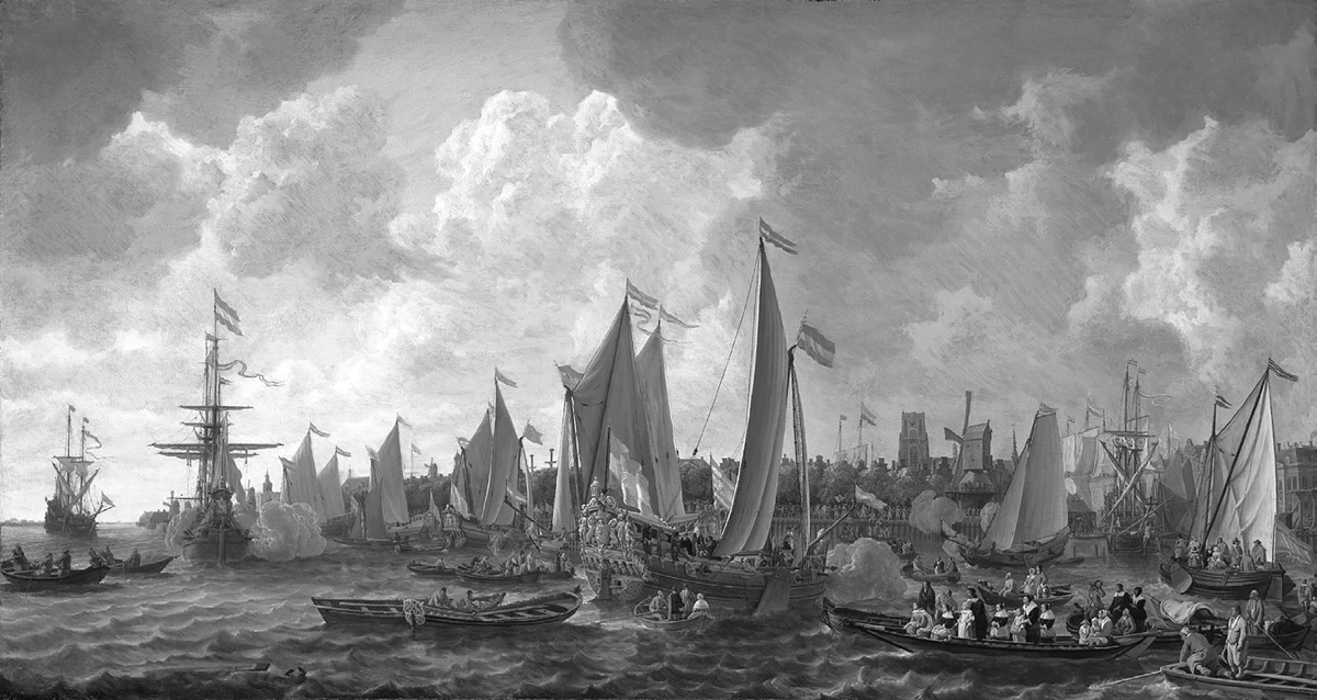 A seventeenth-century oil painting by Lieve Verschuler, The Arrival of King Charles II of England in Rotterdam, 24 May 1660, depicts numerous ships in a harbor beneath a dramatically cloudy sky. The king is in the largest, centrally located ship, being greeted by many smaller ships, some of which salute him with cannon fire.