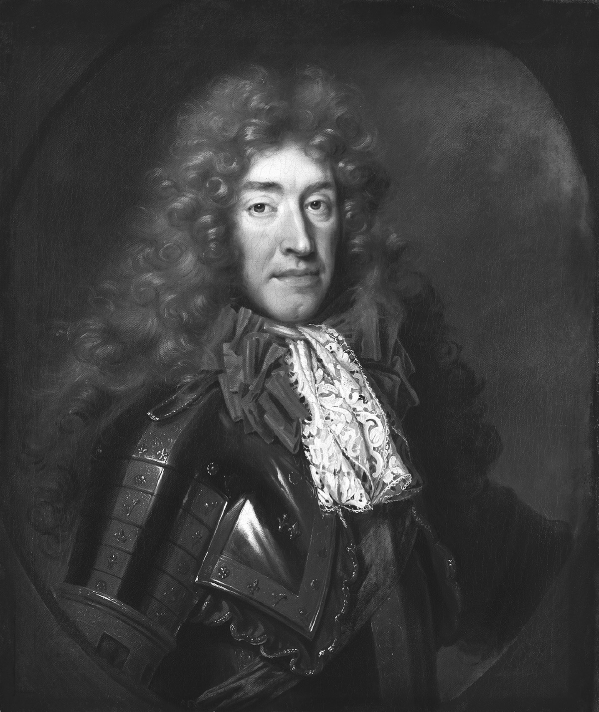 An oil painting of King James II, 1633â€“1701, wearing a voluminous, long curly wig, gold-embossed armor, a lace neck cloth, and red silk bows. This portrait dates to his accession to the throne of Great Britain and Ireland in 1685.