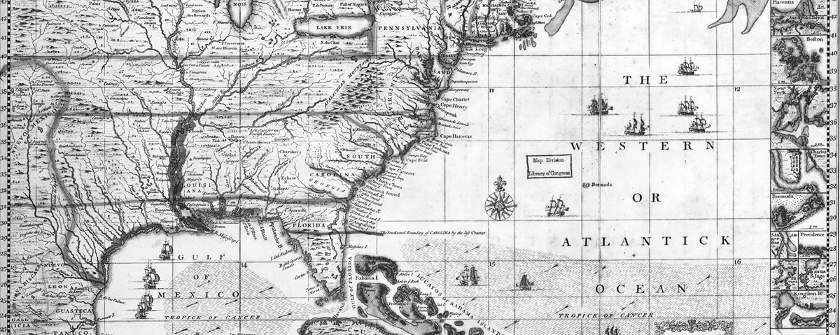 This 1733 map by Henry Popple shows the British Empire in America along with French and Spanish settlements. The map depicts the eastern portion of North America, including the Atlantic coastline from Canada down through the Caribbean islands, the Gulf of Mexico, and parts of Central America.
