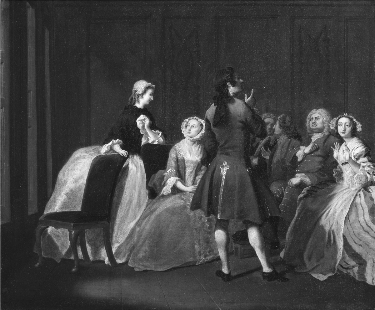 This eighteenth-century oil painting of the Harlowe Family by Joseph Highmore depicts elegantly dressed figures conversing in a formal room. The women have voluminous, brightly colored dresses and lacy caps while the men have long tailcoats and several wear curly white wigs.