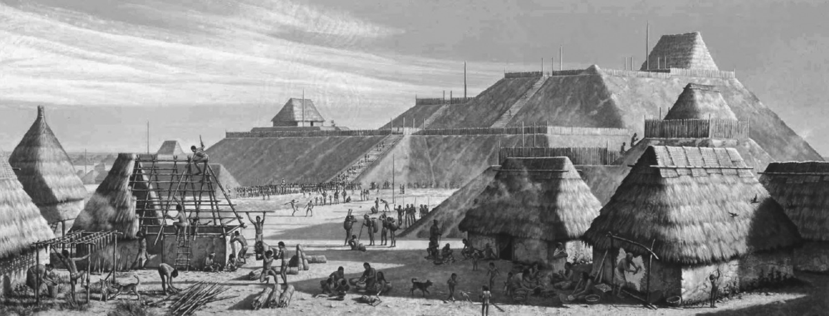 This painting shows Cahokia as it may have appeared around 1150 CE. Wattle and daub homes in various stages of construction are seen in the foreground with Indigenous folks farming, drying hides and going about daily activities. In the background is the very large, pyramid shaped temple known as Monks Mound can been seen. The temple has several levels with steps to ascend. Painting by Michael Hampshire for the Cahokia Mounds State Historic Site.