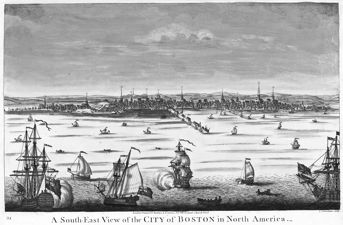 This early eighteenth-century engraving by J. Carwitham, A South-East View of the City of Boston in North America, shows Boston harbor with numerous sailing ships flying British flags. The city appears as a dense collection of buildings with church spires, connected to the mainland by a narrow neck of land.