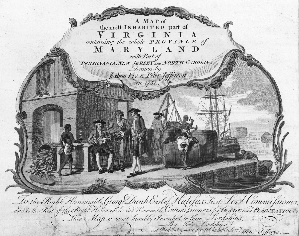 This cartouche of Colonial Virginia from the 1751 Fry-Jefferson Map depicts enslaved Black people preparing tobacco for shipping while white plantation owners conduct business.