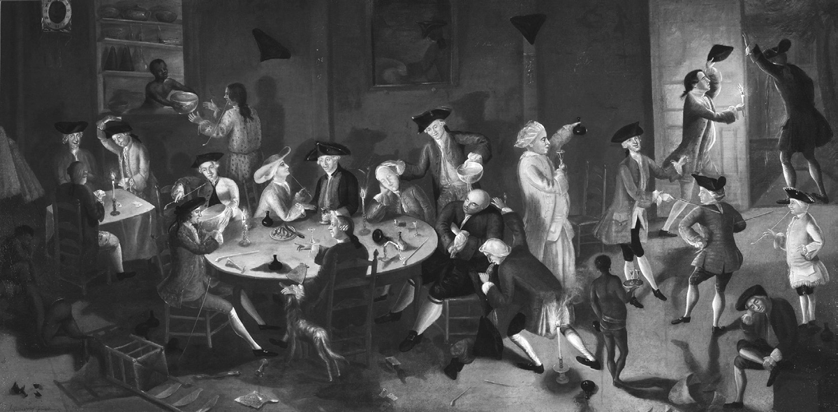 This 1758 oil painting by John G. Greenwood, Sea Captainâ€™s Carousing in Surinam, depicts white Rhode Island ship captains frolicking in a Surinam tavern while being served by enslaved Black people.