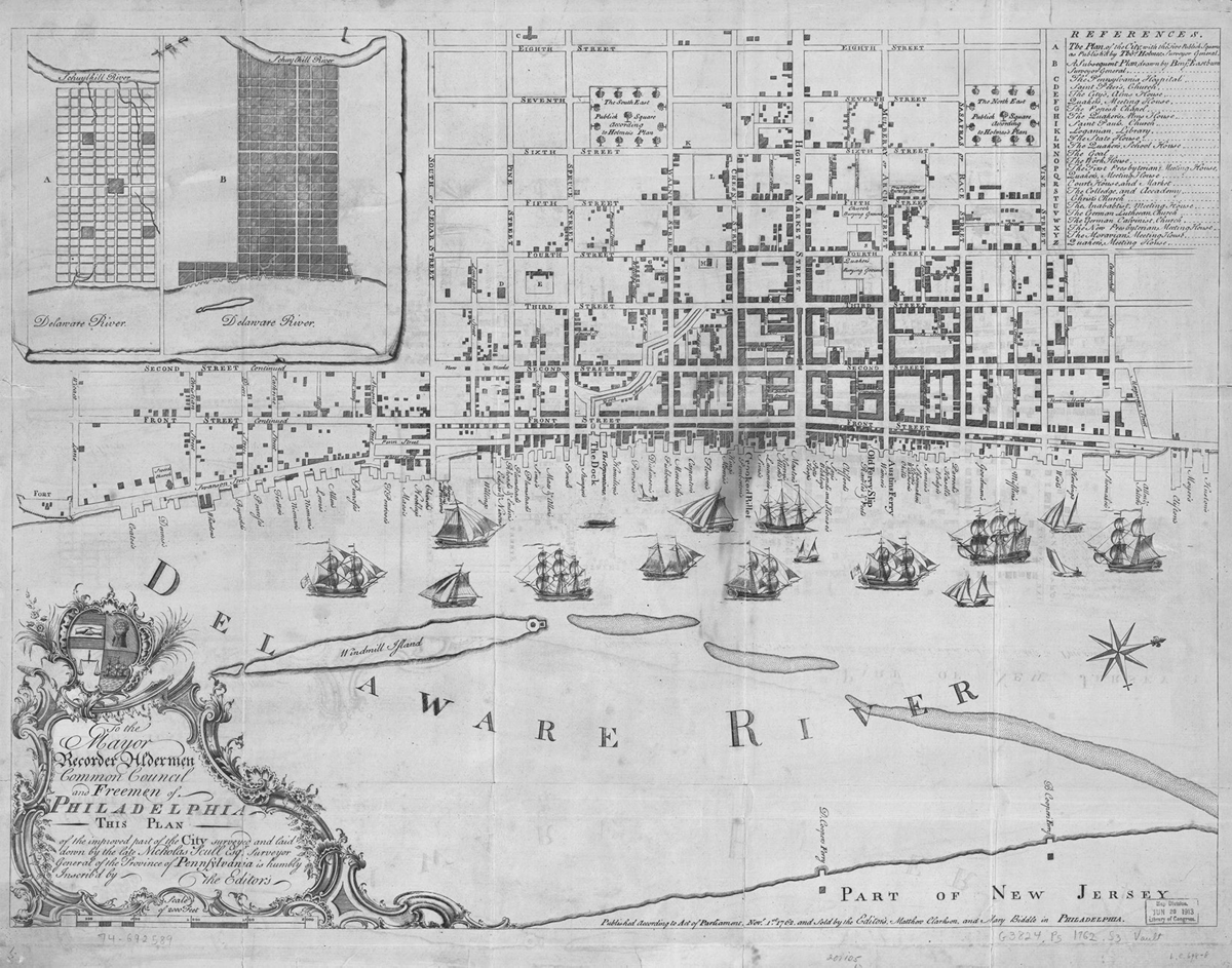 A 1762 map by Nicholas Scull of Philadelphia showing the Delaware River waterfront with numerous sailing ships. The city is laid out in a grid pattern with labeled streets.