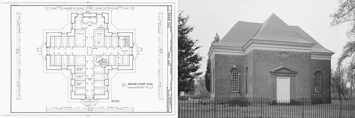 Christ Church, Virginia. A split image showing architectural documentation of a historic brick church building. The left side displays detailed floor plans and architectural drawings with measurements and room layouts. The right side shows a black-and-white photograph of the actual building: a Georgian-style brick church with arched windows, a triangular pediment, surrounded by bare trees and an iron fence.