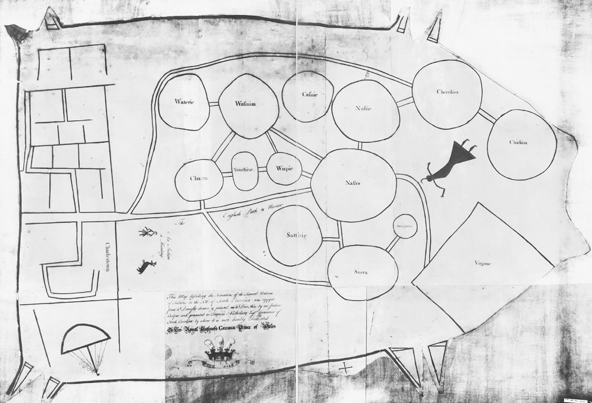 This 1764 English copy of the deerskin Catawba map depicted the Indigenous people between Charleston, listed on the left, and Virginia, listed on the right, following the Yamasee War. The map contains various circular and rectangular sections labeled with text (some visible labels include â€œWaterie,â€ â€œWaituisi,â€ â€œCalne,â€ â€œNuffue,â€ â€œChevinkes,â€ â€œChoboa,â€ and others). There is a decorative compass rose in the lower left corner.