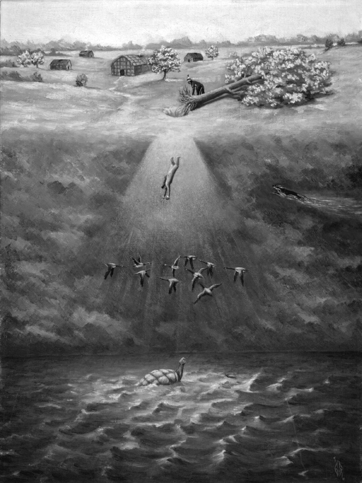 Sky Woman, a central figure in the Haudenosaunee creation story, is shown here falling from the heavens to land on a great turtle in the vast sea. The turtle and other animals lift her out of the water with earth, which she uses to form Turtle Island. Ernest Smith, Sky Woman, 1936. Produced as part of the â€œIndian Arts Projectâ€ Federal Art Project.