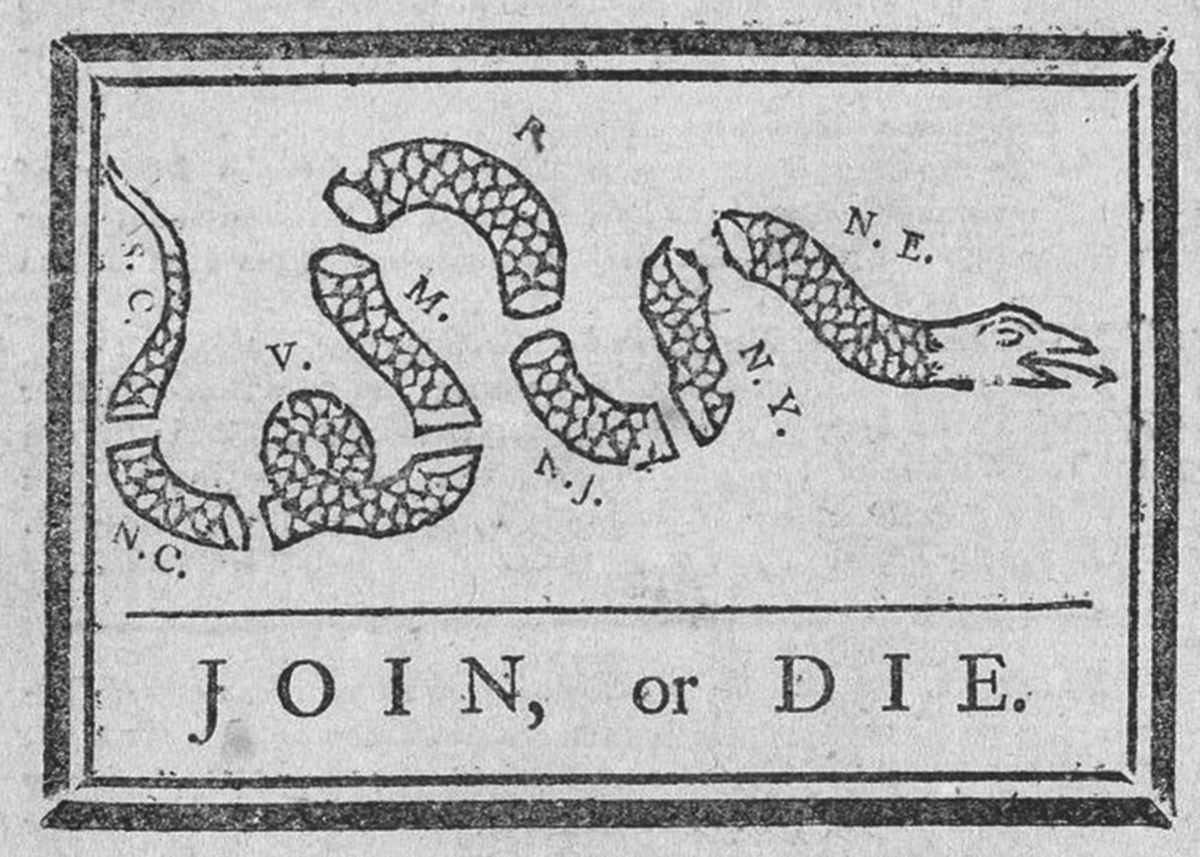 A political cartoon by Benjamin Franklin from May 9, 1754, showing a segmented snake with each segment labeled with abbreviations for American colonies (â€œN.C.â€ for North Carolina, â€œV.â€ for Virginia, â€œM.â€ for Maryland, â€œP.â€ for Pennsylvania, â€œN.J.â€ for New Jersey, â€œN.Y.â€ for New York, and â€œN.E.â€ for New England). Below the snake is â€œJoin, or Dieâ€ in all capital letters.