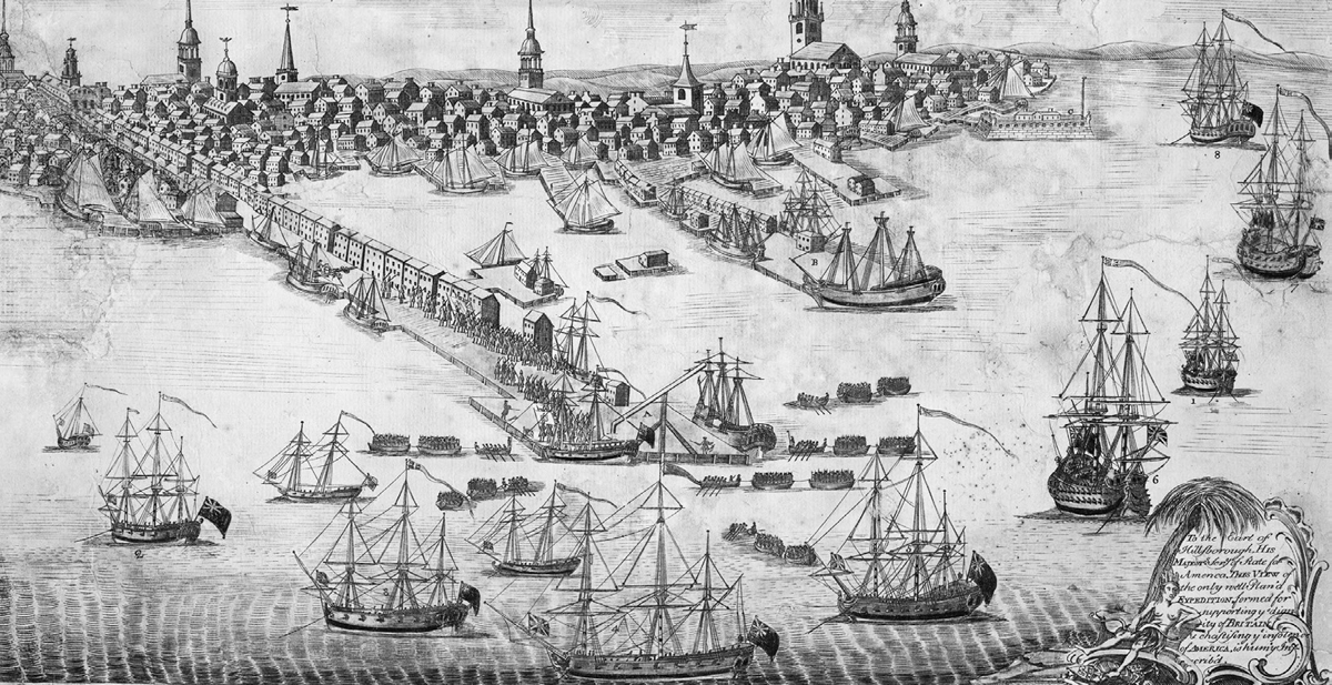 In the foreground of this circa 1770 engraving by Paul Revere, Landing of the Troops, fourteen eighteenth-century British military ships sit in the waters of Boston Harbor. Rowboats filled with British soldiers are docking in the harbor ports. More British troops are marching up the docks into the city of Boston in the background.