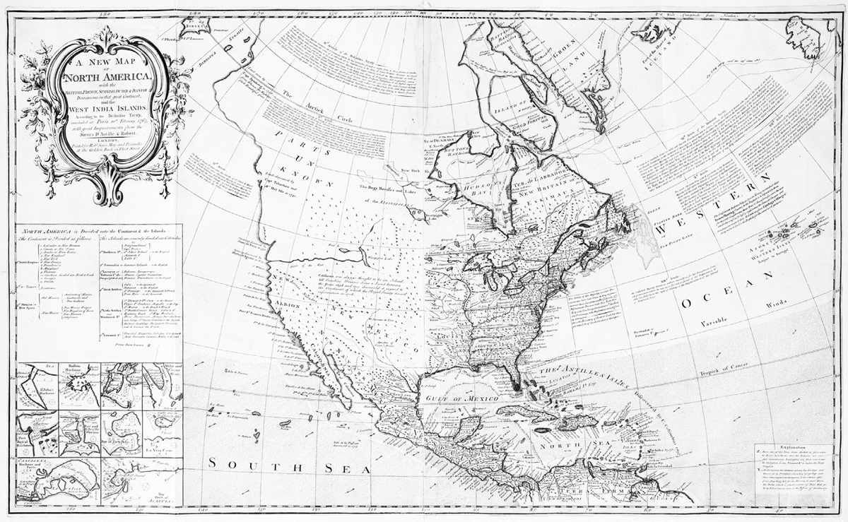 This 1763 map shows the territorial divides of the North American continent among colonizing European nations following the Seven Years War.