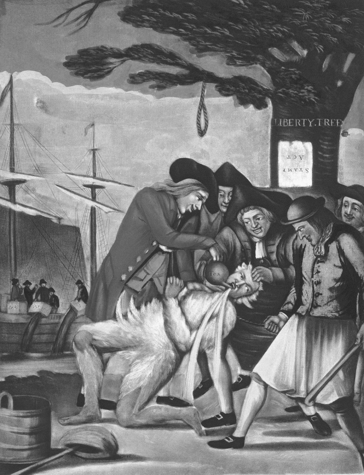 In this print attributed to Philip Dawe titled The Bostonians Paying the Excise-man, or Tarring and Feathering, five men are tarring and feathering Boston’s Commissioner of Customs, John Malcolm. The Sons of Liberty are dressed in traditional eighteenth-century British colonial attire—shirts, breeches, waistcoats, coats, stockings, shoes, and caps. Malcolm’s body is covered in white feathers. One of the Sons of Liberty is holding Malcolm by the top of his head and his jaw, forcing his mouth open, while another pours hot molasses into Malcolm’s mouth. The other three Sons of Liberty are huddled around the action, looking on menacingly; one of which is holding a baton. In the immediate background there is a tree with a noose behind the Sons of Liberty. A piece of paper with the words “Stamp Act†is nailed to the tree upside-down. The words “Liberty Tree†are carved into the tree above the piece of paper. Farther in the background is the Boston Habor, where other men can be seen on a ship docked in the harbor; the men are pouring tea from boxes into the waters of the harbor.