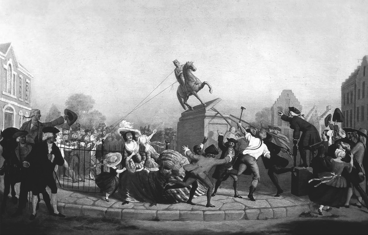 In the center of this 1857 oil painting by William Walcutt titled Pulling Down the Statue of George III at Bowling Green, N.Y. July 9, 1776 is a gold statue of King George III, which is in the process of being toppled to the ground. A crowd of excited colonists is gathered around the statue. They look overjoyed. Two men in the crowd to the left of the painting are pulling on ropes that are lassoed to the statue, pulling it off its base, while men on the right side of the painting are using tools to push the statue over, or dislodge it from its base. In the foreground of the painting, in front of the statue, women, children, and free Black men cheer and dance.