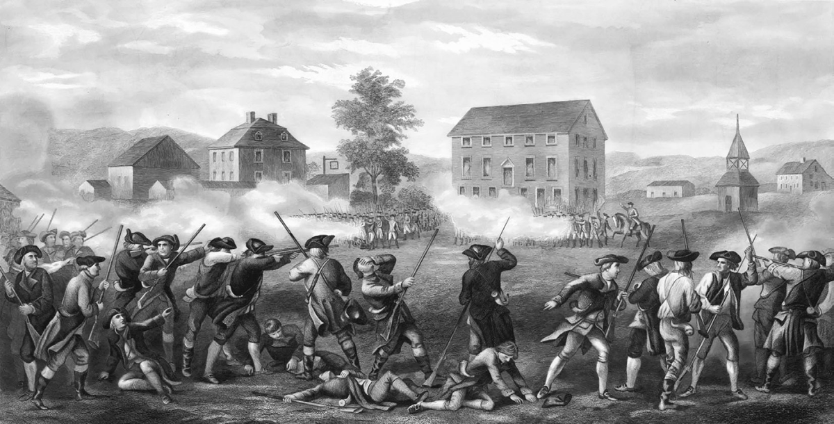 In this engraving, twenty-three colonial soldiers line the foreground of the artwork, firing into a company of British soldiers in the background, who are volleying fire. Four colonial soldiers lay on the ground, wounded by musket bullets, while one other soldier is in the process of falling to the ground, holding his face, which has been shot. Behind the line of British soldiers stand a series of buildings, homes, and churches in the rolling hills of Lexington, Massachusetts.