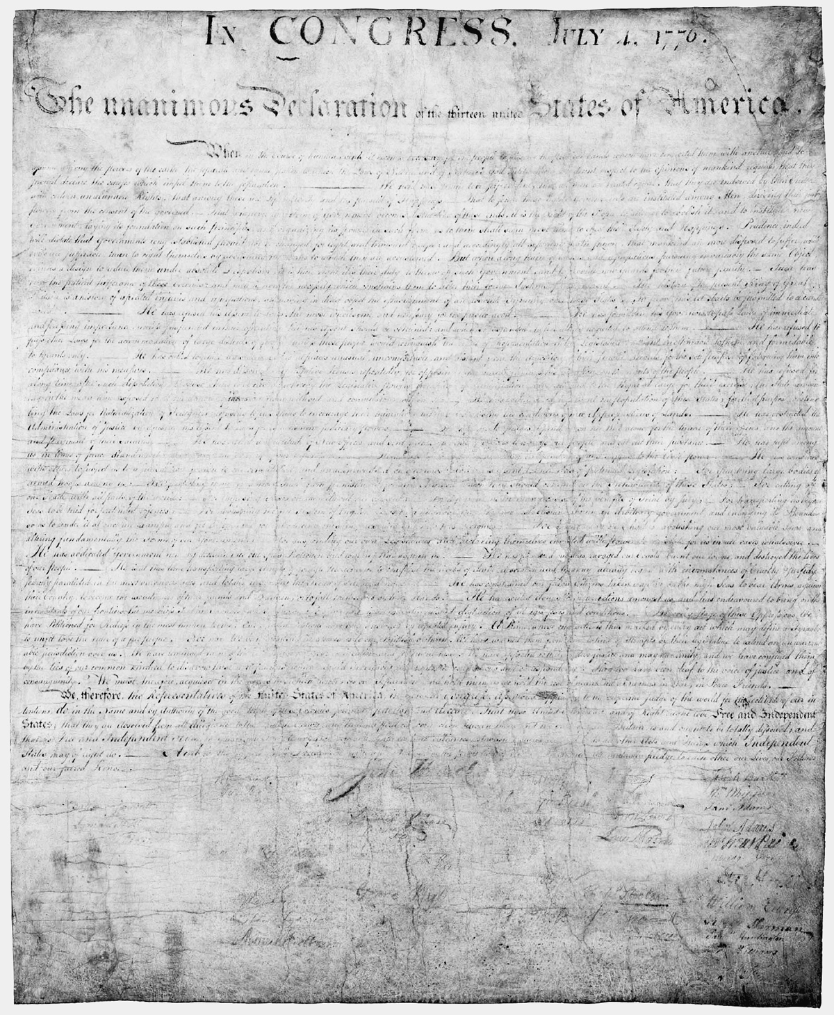 A faded image of the Declaration of Independence. The writing is indecipherable outside of the top two lines that read, “In Congress, July 4, 1776. The unanimous Declaration of the thirteen unified States of America.â€