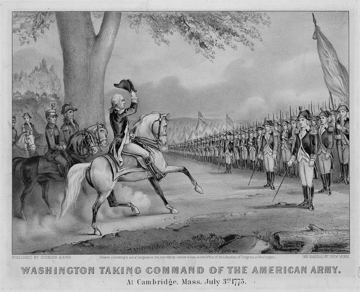 In the center of this 1876 etching titled Washington Taking Command of the American Army—At Cambridge, Massachusetts, July 3rd, 1775, George Washington sits atop a white horse tilting his tricorne to a crowd of soldiers that make up the Continental Army. Behind General Washington are several other men on darker colored horses, presumably other commanders in the Continental Army. On the right side of the image one of the soldiers is holding up a grand union flag.