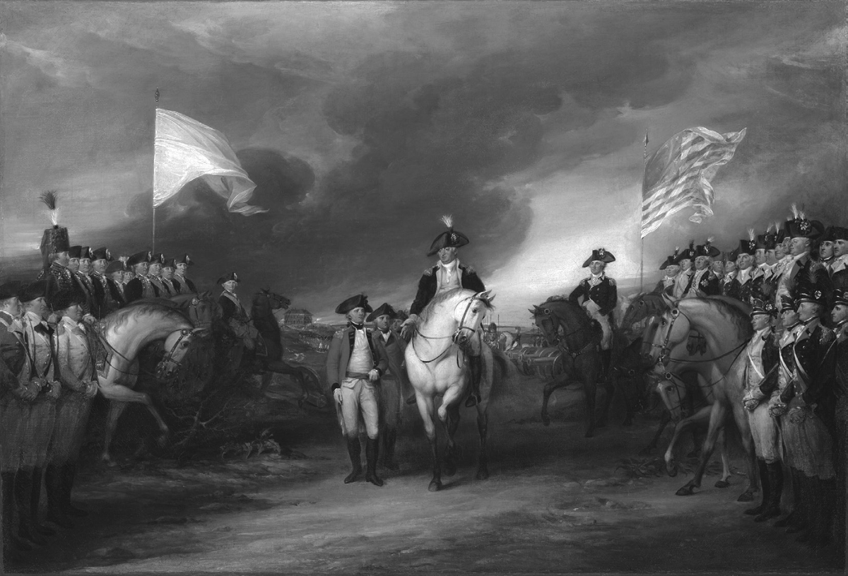 In the center of the 1820 oil painting by John Trumbull, Surrender of Lord Cornwallis, American General Benjamin Lincoln is mounted on a white horse. He extends his right hand toward the sword carried by the surrendering British officer, General Charles O’Hara, who heads a long line of troops that extends into the background. To the left of the painting, French officers appear standing and mounted beneath the white flag of the royal Bourbon family. On the right side of the painting, American officers are lined up beneath the Betty Ross Flag. General George Washington is in the background, over General Lincoln’s left shoulder, mounted on a brown horse.