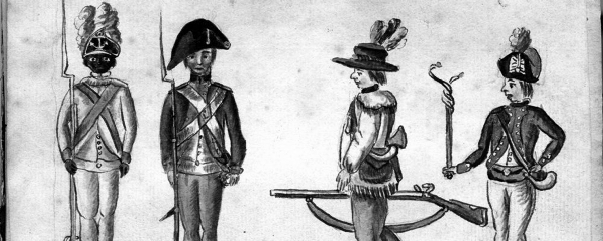 This small watercolor by French soldier Jean-Baptiste-Antoine DeVerger depicts the variety of soldiers fighting for American independence, depicting, from left to right, an African American soldier from the First Rhode Island Regiment, a New England militiaman, a Western frontier rifleman, and a French officer.