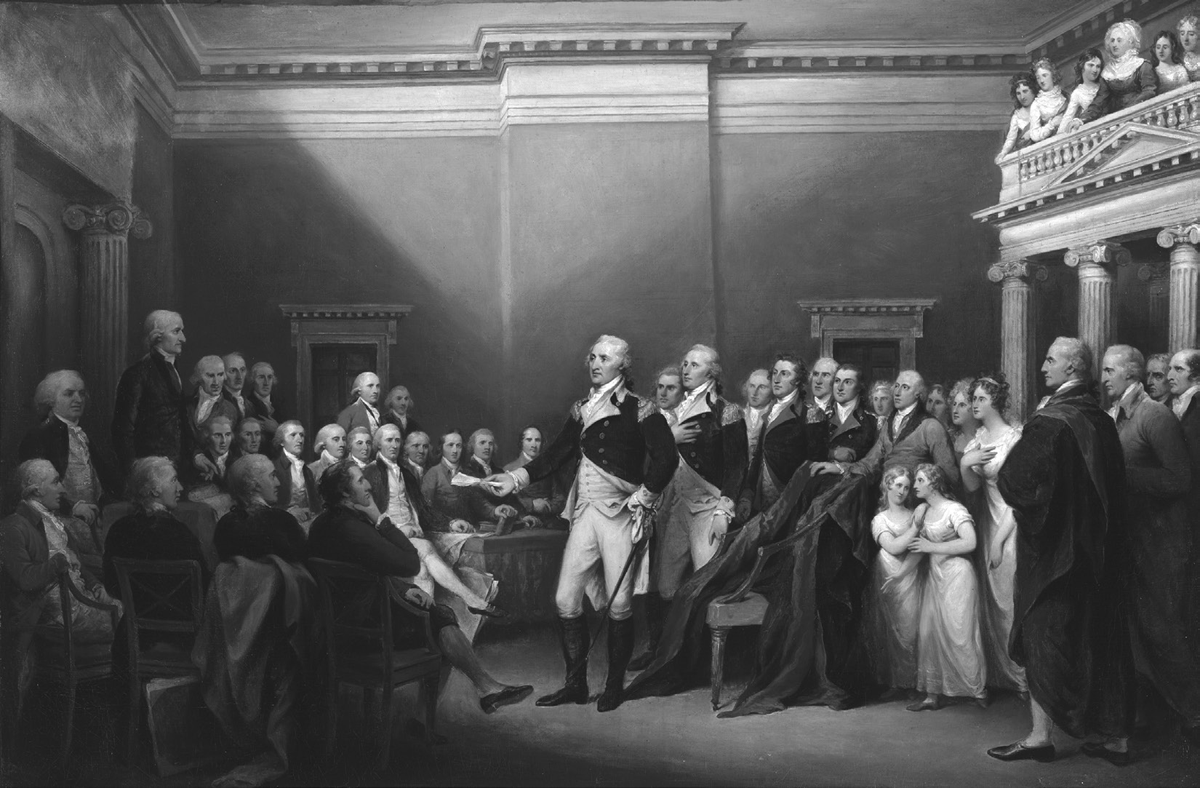 This early nineteenth-century painting by John Trumbull depicts a scene in the Old Senate Chamber of the Maryland State House in Annapolis on December 23, 1783. George Washington stands in the center of the chamber in full military uniform as he addresses the Continental Congress. Standing directly behind General Washington are his two aides-de-camp—Benjamin Walker and David Humphreys. Also standing behind Washington are several other officers of the Continental Army, along with Maryland delegate Charles Carroll with his two daughters. Standing in the chamber gallery above Washington’s head are Washington’s wife, Martha, and their grandchildren.