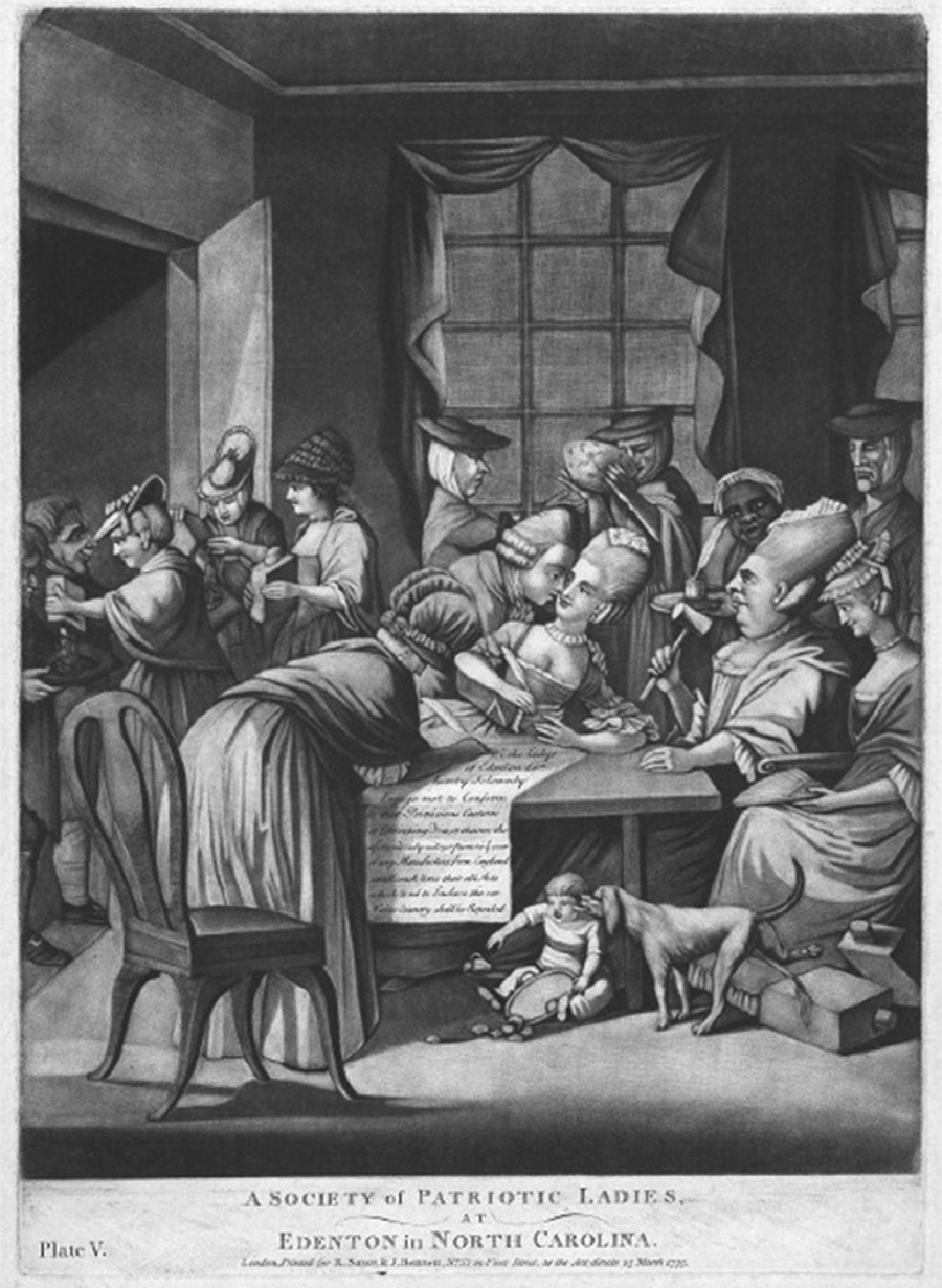 This 1775 satirical cartoon by Philip Dawe, A Society of Patriotic Ladies, at Edenton in North Carolina, mocks women’s involvement in politics in the eighteenth century. The women in the cartoon, many portrayed with masculine features, are from various social backgrounds, including an enslaved Black woman and, in the foreground, a neglected child. Women in the background drink from a punchbowl, an action usually reserved for men at gatherings. The rectangular boxes in the picture are tea chests, used for storing tea leaves. In the cartoon, the petition reads, “We the Ladys of Edenton do hereby solemnly Engage not to Conform to that Pernicious Custom of Drinking Tea, or that we the aforesaid Ladys will not promote the wear of any Manufacture from England untill such time that all Acts which tend to Enslave this our Native Country shall be Repealed.â€