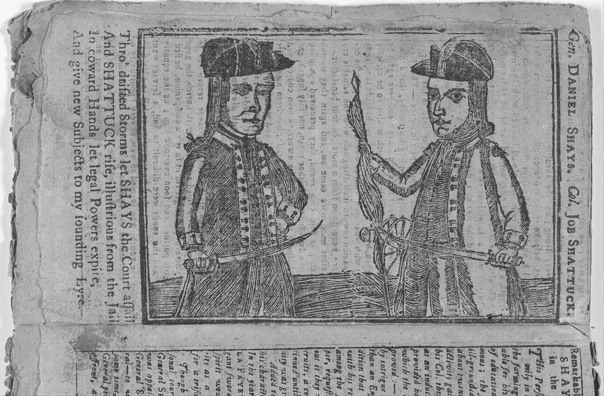This is a cartoonish sketch of Daniel Shays, the leader of Shaysâ€™s Rebellion, and his accomplice, Jacob Shattuck, that appears in the tattered pages of a political pamphlet from 1787. Both men are wearing military attire and holding cutlass swords. Shay is holding a flag, and a cannon is in the background behind the two men.
