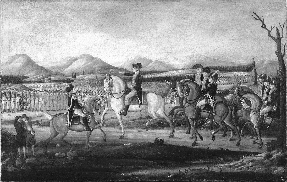 In this oil painting attributed to Frederick Kemmelmeyer, The Whiskey Rebellion, George Washington sits atop a white horse in the center of the painting, facing the left side of the painting with his arm out towards an army of troops lined up across the canvas, looking back at Washington. Washington is surrounded by several generals who are also on horseback. In the background, military tent barracks fill the rolling hills behind the line of troops. In the foreground, in the lower left corner of the painting, two men in civilian attire, with top hats and walking sticks, appear to be in conversation with one another while they point in Washingtonâ€™s direction.