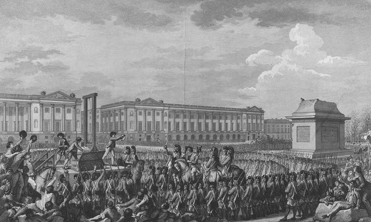 The etching by Charles Monnet depicts the beheading of King Louis XVI on January 21, 1793. One of the executionerâ€™s assistants is holding King Louis XVIâ€™s severed head out toward a crowd of 80,000 onlookers and men at arms that fill the Place de la RÃ©volution. In the middle of the crowd is the base of the toppled statue of King Louis XV.