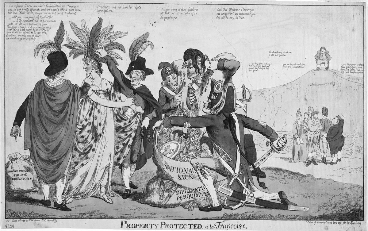 This 1798 political cartoon by S.Â W. Fores, Property Protectedâ€”Ã  la FranÃ§oise, depicts the XYZ Affair. The United States is represented byÂ Columbiaâ€”the female personification of the United States, who is being plundered by five Frenchmen, three of whom are wearing French cockades, one wearing the Phrygian capâ€“ symbols of revolutionary, republican France. Five other men, representing other European countries, are grouped off to the right of the scene, watching the robbery take place.Â John Bull, representing Great Britain, sits off to the far right of the scene, laughing atop the white cliffs of Dover, or â€œShakespeareâ€™s Cliff.â€