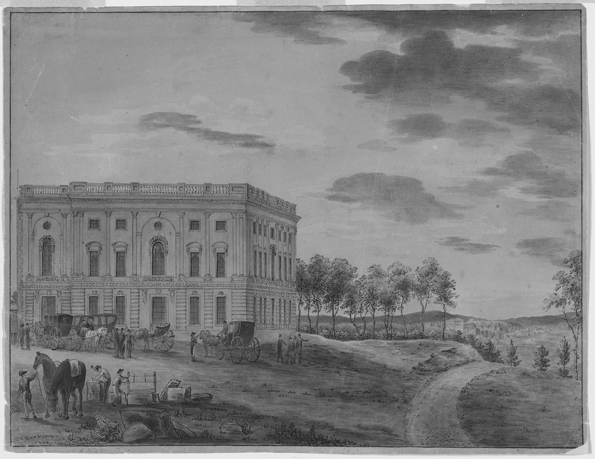 This watercolor painting by William Russell Birch depicts the newly opened U.S. Capitol building in Washington, DC, in 1800. In front of the Capitol building are several horse-drawn carriages surrounded by elected officials engaging in conversation and looking at the grounds around the building. In the bottom left corner of the painting two men are working with tools on a construction project, while another man walks two horses, pulling them by the reins. On the right side of the painting, off in the distance behind the Capitol building, beyond a tree line, is the city of Washington, DC.