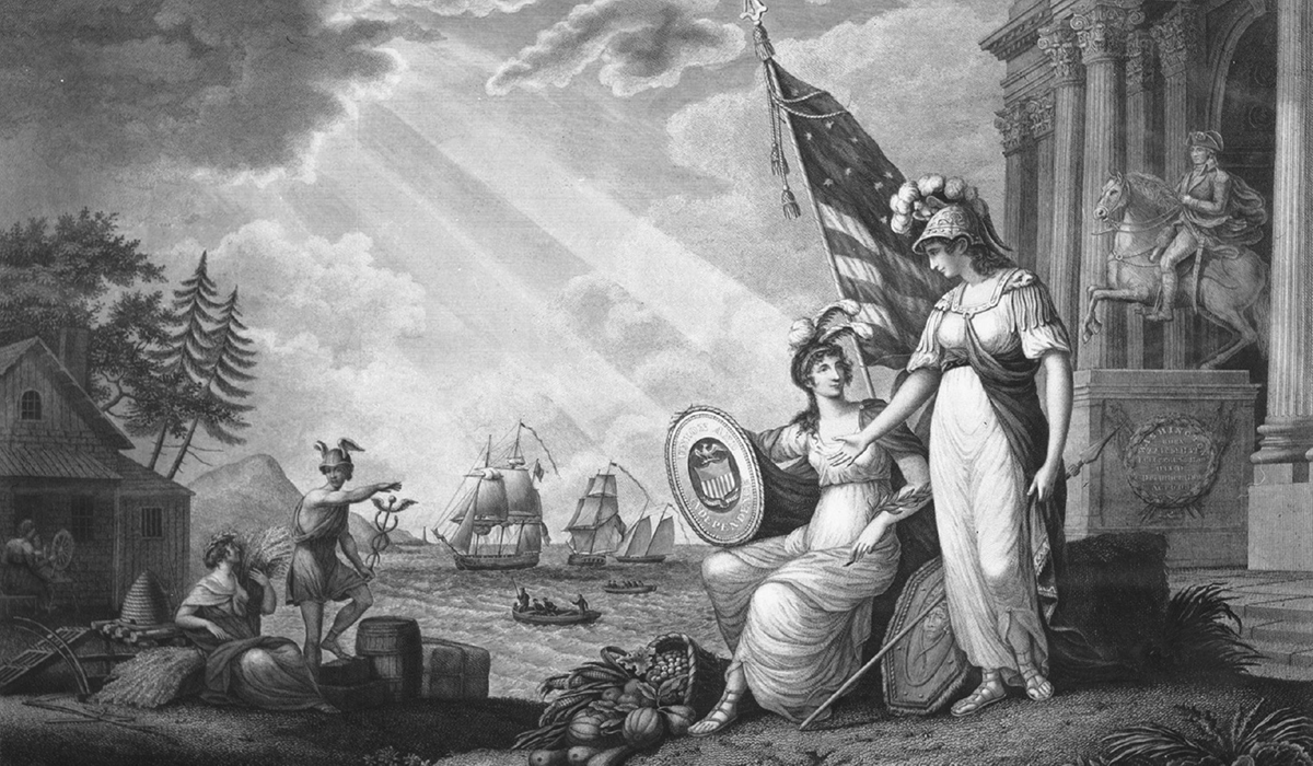 This painting depicts America as a woman in Grecian dress and feathered helmet. She is with Roman deities Minerva, Ceres, and Mercury to symbolize wisdom, commerce, and agriculture. To their right is a triumphal arch celebrating victories during the War of 1812 and an equestrian statue of George Washington. Directly above Americaâ€™s head stands the US flag. At Americaâ€™s feet is cornucopia to symbolize prosperity. Behind Ceres and Mercury is a beehive to symbolize industry. On the far left of the painting a woman in early nineteenth century attire sits in front of an early American cottage doing spinning work which represents domestic work. A lake sits in the background of the painting filled with sailboats and rowboats.