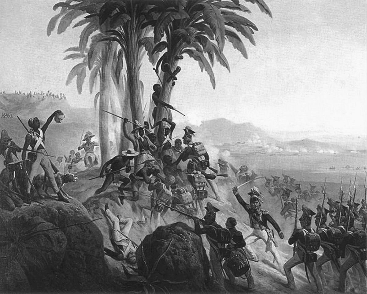 This 1845 painting by January Suchodolski, Battle at San Domingo, depicts a scene from the Haitian Revolution where Haitian rebels are seen battling against Polish troops. The rebelsâ€”dressed in mixed attire between pants and loincloths, but mostly shirtlessâ€”have the high ground on this hillside battle, while Polish soldiers, dressed in formal soldier attire, are attempting to battle their way uphill. One Polish soldier lies dead, while several combatants on either side are stabbing each other with spears and bayonets in the center of the conflict. The center of the battle is being fought under a series of palm trees. Several Haitian rebels have climbed onto the trunk of the trees, firing flintlock pistols at their opponents. On the left side of the painting one of the Haitian rebels holds up the severed head of a Polish soldier.