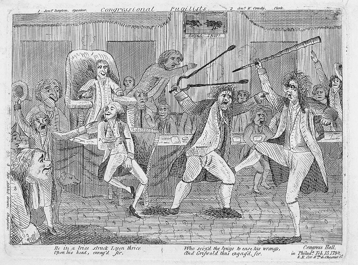 This anonymous 1798 satirical political cartoon depicts congressmen Roger Griswold, a Federalist, and Matthew Lyon, a Jeffersonian, having a physical fight in the chambers of Congress. Griswold is shown kicking and swinging a cane at Lyons, while Lyons is countering by swinging a pair of fireplace tongs back at Griswold. Several other congressmen are looking on at the two men fighting.