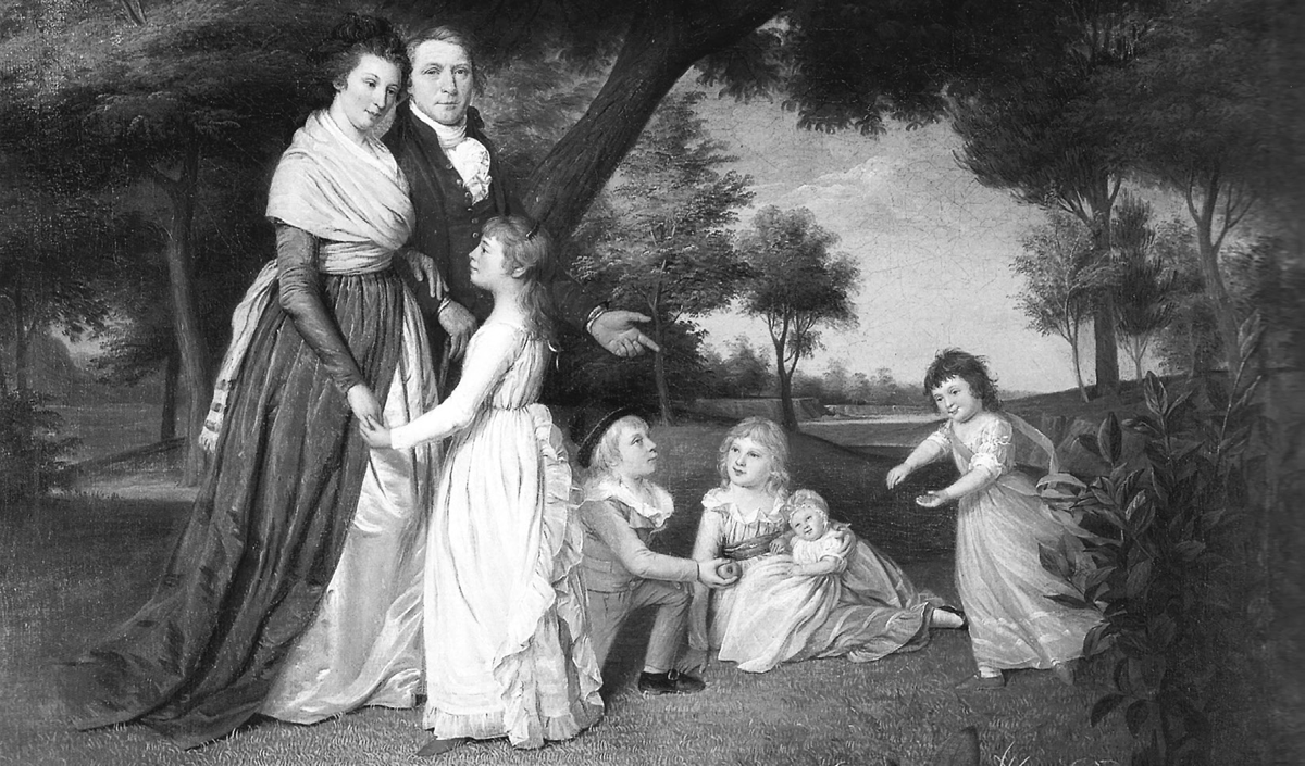 The painting by James Peale Sr. depicts his late eighteenth-century American family. A husband and wife stand next to their five children in a wooded area near a river. They are all dressed in formal attire for the time period. The eldest child is standing near her parents, holding hands with her mother. The only son is kneeling and holding a piece a fruit. One of the daughters is seated on the grass holding the youngest, infant daughter in her arms. The fifth child in the scene is on the right side of the rest of the family, running across the grass.