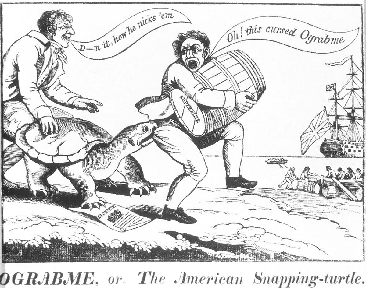 This anonymous 1807 political cartoon criticizes the Embargo Act of 1807. In the cartoon a snapping turtle holding a shipping license bites a man attempting to smuggle a barrel of sugar to a British ship. The caught smuggler exclaims, â€œOh! this cursed Ograbme!â€ (O-grab-me is Embargo spelled backwards; O-grab-me is also what the turtle is doing to the man). There is a man standing behind the turtle, resting his hand on its shell, who says, â€œDâ€”n it, how he nicks â€˜em.â€ On the right side of the cartoon several other men are loading barrels into a rowboat while another rowboat is rowing toward a British ship out on the waters.