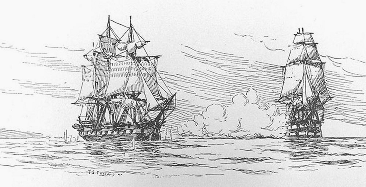 This sketch depicts the Chesapeake-Leopard Affair. The HMS Leopardâ€”a British naval shipâ€”attacks the USS Chesapeakeâ€”an American frigateâ€”on open waters.